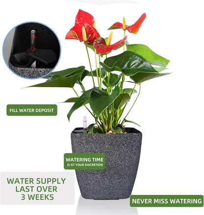 Dexceder 15x14 Self Watering Planter with Wheels Indoor Outdoor, Inner Mat Design, Thickened Large Floor Standing Flower Plant Pot with Water Level Indicator (Stone Matte)