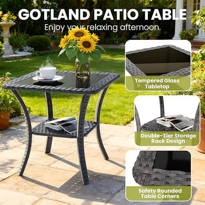 Gotland 3 Pieces Patio Set, Outdoor Swivel Chairs Set of 2 with 4'' Waterproof Cushions High Back Double-Layer Side Table, Wicker Rocking Patio Chairs Set of 2 for Balcony, Porch, Garden