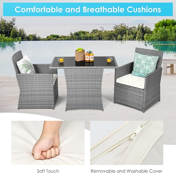 HAPPYGRILL 3 Pieces Outdoor Wicker Bistro Set Space-Saving PE Rattan Dining Table Set with Cushioned Chairs, Patio Conversation Set for Backyard Porch Garden and Poolside