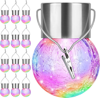 12Pack Outdoor Hanging Solar Lights - Cracked Glass Solar Lights Waterproof LED Decorative Ball Lights Tree Solar Powered Globe Lights with Hook for Garden Yard Fence Christmas Decoration, Multicolor