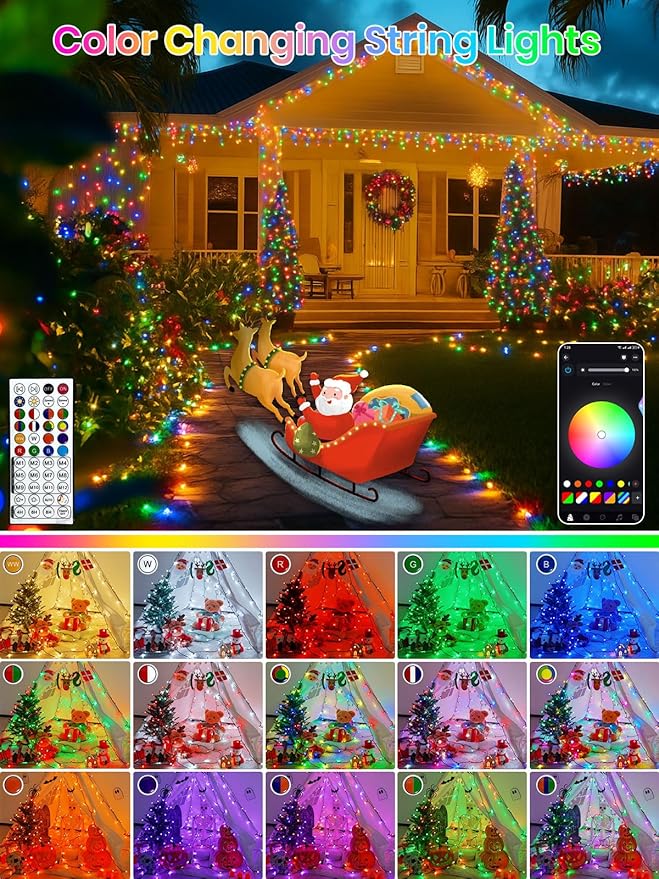 600LED Smart Color Changing Christmas Lights App Controlled, 208FT Waterproof RGB Twinkle String Light Music Sync Multiple Modes, Christmas Lights with Remote & Timer Indoor Outdoor Xmas Decorations