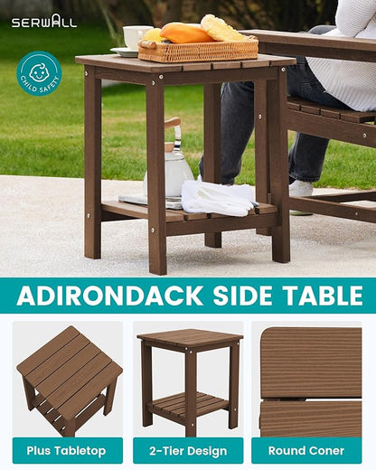 SERWALL 3 Pieces Patio Bistro Set, All Weather Adirondack Chair Set with Side Table, HDPE Material Outdoor Patio Furniture Set for Balcony, Porch, Garden, Backyard- Brown