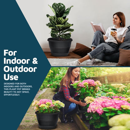 10-Inch Whiskey Barrel Planters Outdoor Pack of 10 - Durable Plastic Plant Pots for Indoor & Outdoor Use with Drainage & Saucer, Lightweight Rustic Barrel Planters for Flowers, Herbs & Small Plants