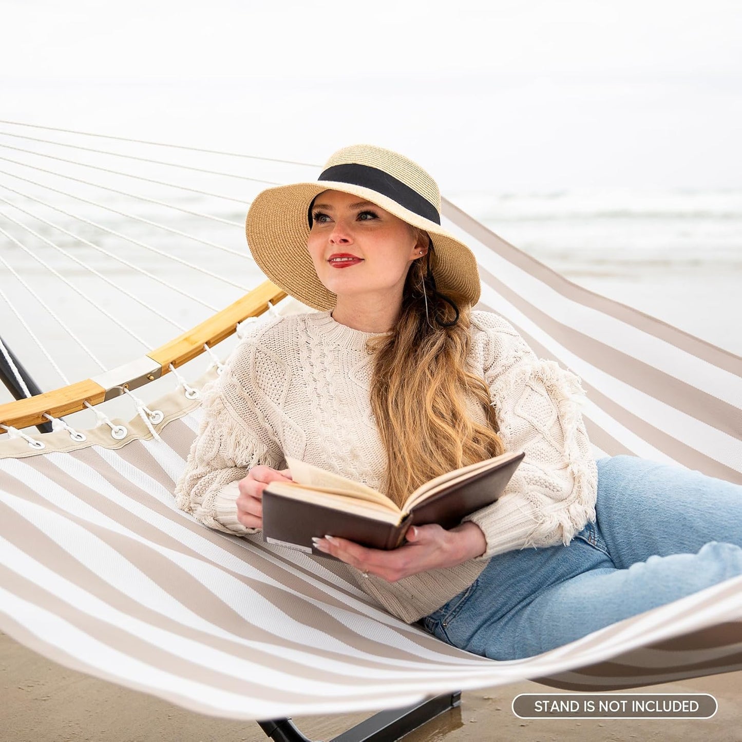 SUNCREAT Hammocks 14 FT Quick Dry Hammock Double Size with Spreader Bar, 2 Person Hammock for Outdoor Patio Yard Poolside, 450 lbs Capacity, Light Gray