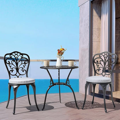 NUU GARDEN Bistro Set 3 Piece Outdoor All Weather Cast Aluminum Patio Bistro Set Patio Table and Chairs Set of 2 with Umbrella Hole and Gray Cushions for Backyard, Balcony, Lawn, Black