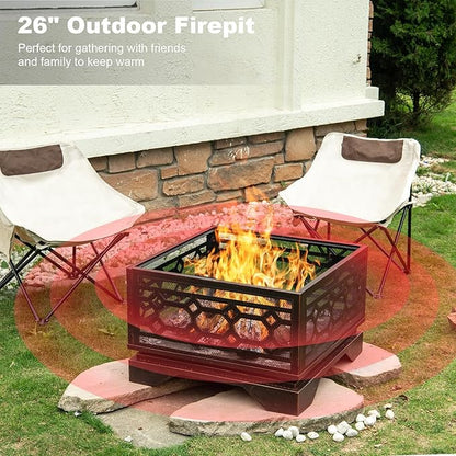 Outdoor Fire Pit, 26 Inch Wood Burning Firepit for Outside with Mesh Cover & Fire Poker, Large Square Metal Fireplace for Patio, Backyard, Garden, Bonfire Party