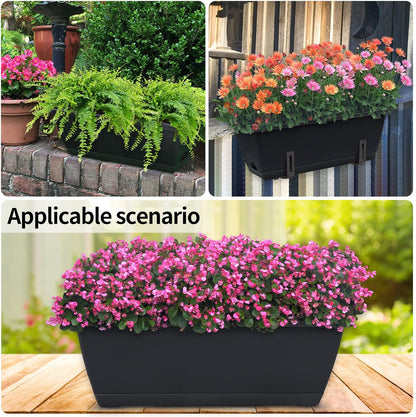 Window Box Planter, 10 Pack Plastic Vegetable Flower Planters Boxes 17 Inches Rectangular Flower Pots with Saucers for Indoor Outdoor Garden, Patio, Home Decor (Black)
