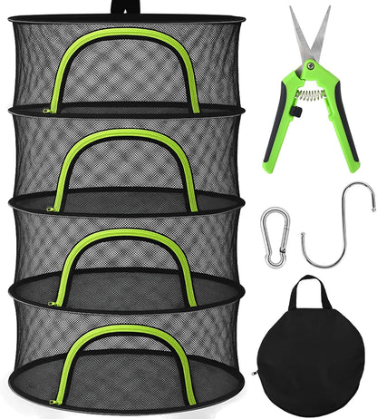 Herb Drying Rack Hanging Mesh 4 Layer 24" with Zipper, Garden Pruning Shear, Hook & Carabiner Clip for Drying Herbs, Plants, Seeds, Buds | Hydroponics & Grow Tents Herb Dryer Hanging Rack
