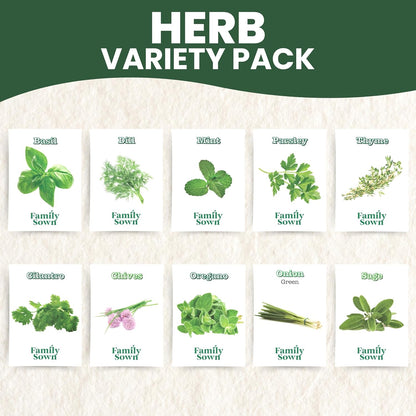 Herb Seeds | 10 Invidiual Packs | 2025 Season | Non-GMO | Mint, Parsley, Basil, Thyme & More! | for Planting Indoor & Outdoor | by Family Sown