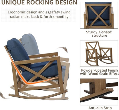 NATURAL EXPRESSIONS Sunbrella Rocking Bistro Set, 3 Piece Outdoor Patio Conversation Furniture Set with 6.5'' Thick Cushions Wood Grain Finish Frame for Backyard,Porch,Poolside