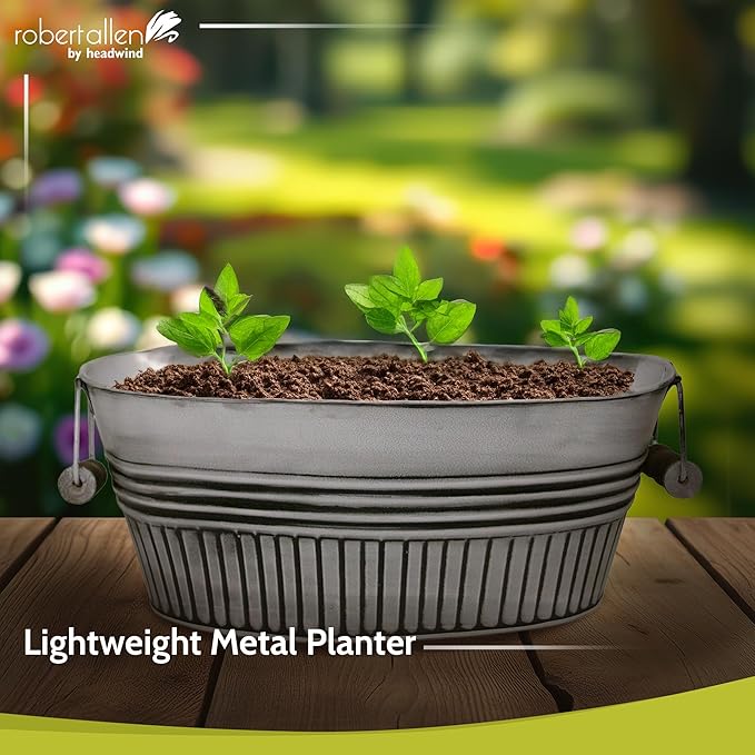 Headwind Vintage Collection 14-Inch Rustic White Oval Galvanized Tub with Handles – Metal Wash Basin Planter - Galvanized Metal Tub for Indoor & Outdoor Use by Robert Allen