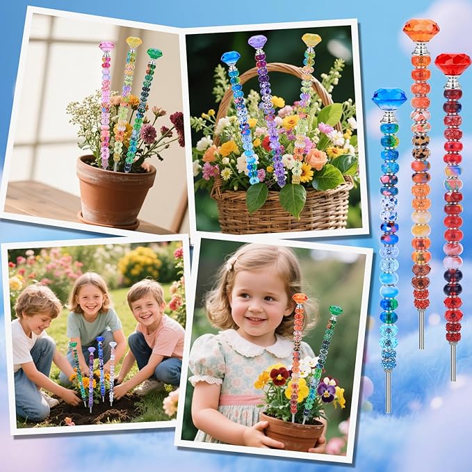 DIY Fairy Wand Garden Stake Beads Kits with Rainbow Colorful Assortment Large Hole Beads, Beaded Garden Stakes kit with Crystal Diamond Top (238Pcs Rainbow+Diamond)