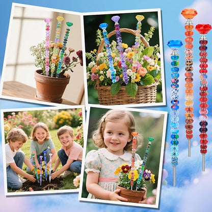 DIY Fairy Wand Garden Stake Beads Kits with Rainbow Colorful Assortment Large Hole Beads, Beaded Garden Stakes kit with Crystal Diamond Top (238Pcs Rainbow+Diamond)