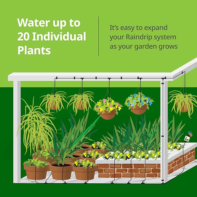 Raindrip R560DP Automatic Drip Irrigation Watering Kit with Timer for Containers and Hanging Baskets, Waters up to 20 Plants, Includes Timer with Customizable Settings and 20 PC Drippers Black