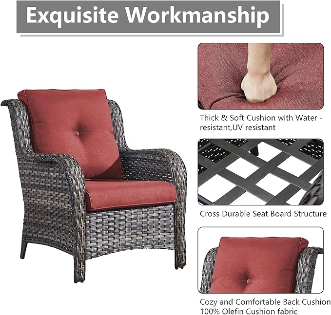 Rilyson Outdoor Patio Furniture Chairs Set - 5 Piece Wicker Rattan Patio Sectional Conversation Sets with 2 Armrest Chairs,2 Ottomans and Side Table for Porch Deck Balcony Garden(Mixed Grey/Red)