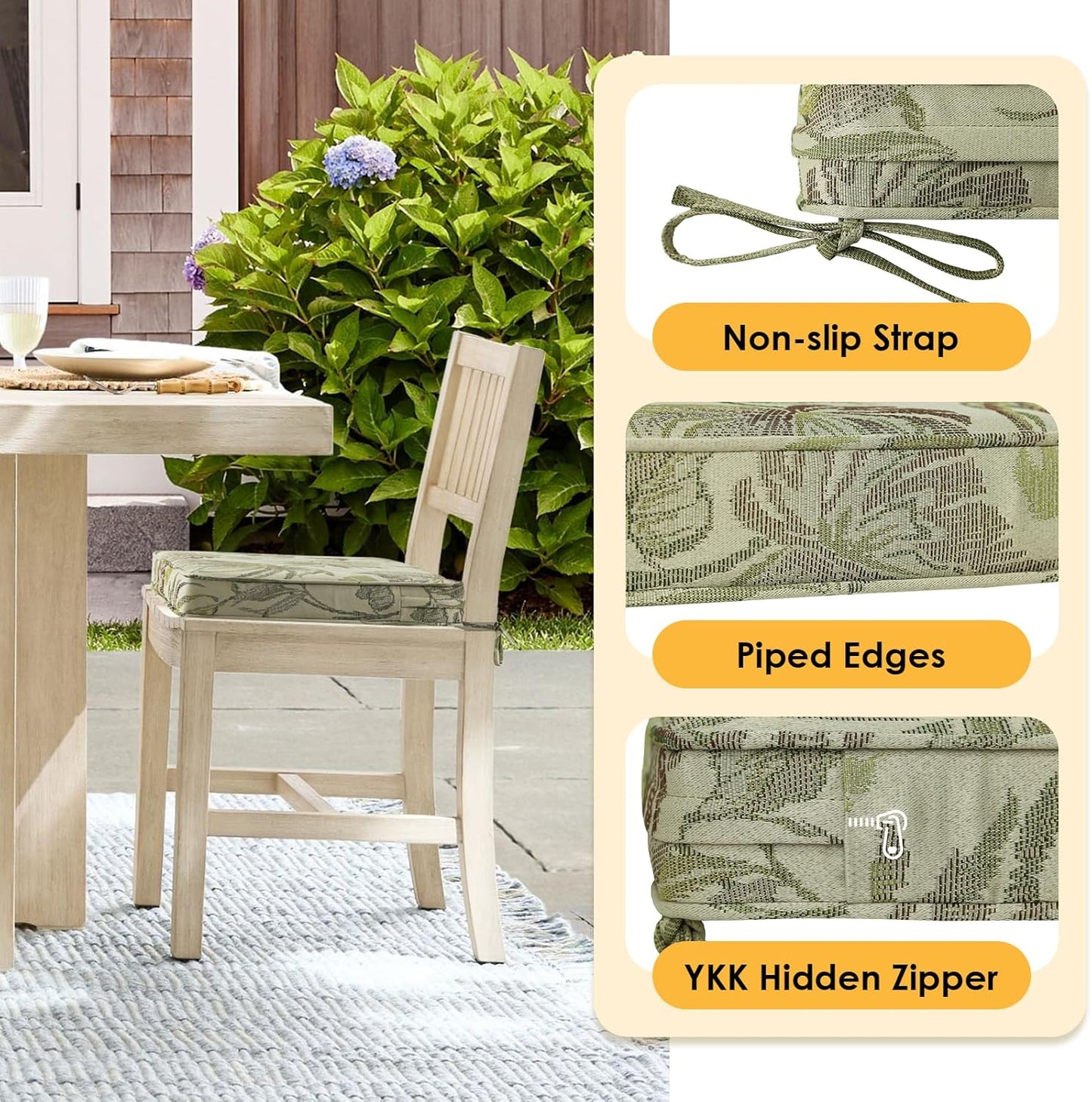 Outdoor Square Corner Seat Cushion, 18.5"x16"x3", Set of 4, Non Slip Seat Cushion Pads with Removable Cover for Patio Furniture, Garden Yard Lawn, Dark Green Vine