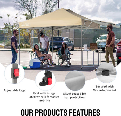 CROWN SHADES 10x10 Pop up Canopy Tent, Instant Commercial Canopy with Extend Awning, Patended Centerlock, 150D Silver Coated Fabric, 4 Ropes, 8 Stakes, 4 Weight Bags, STO 'N Go Bag, Khaki