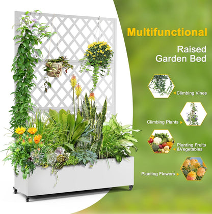 FENCY Metal Planter Box with Diamond Lattice Trellis Planter Box for Climbing Plants/Vines, Galvanized Raised Garden Bed On Wheels, Garden Bed with Trellis(73"x47" White)