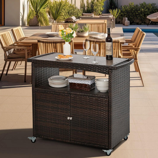 Outdoor Bar Cart with Storage Cabinet Patio Wicker Sideboard Buffet Cabinet Prep Table Outside Kitchen Serving Cart with Rolling Wheels & Handle Rattan Portable Bar Table with Shelves Doors Brown