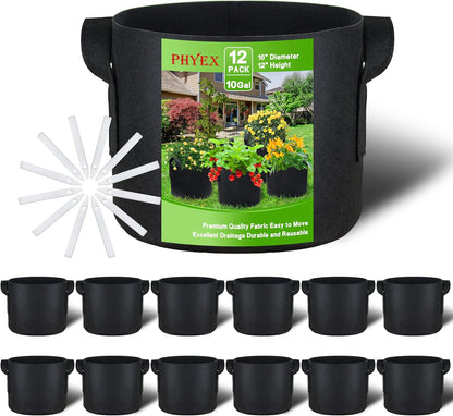 PHYEX 12-Pack 10 Gallon Grow Bags, Heavy Duty Fabric Pots with Handles, Reusable Plant Bags for Vegetable, Herbs & Flowers, BPA-Free, Breathable, Durable