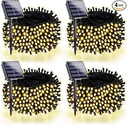 4 Pack 180FT Solar String Lights for Outside, Super Bright 320 LED Solar Christmas Light Outdoor Waterproof with 8 Modes, Green Wire Solar Twinkle Fairy Lights for Xmas Tree Party Yard (Warm White)