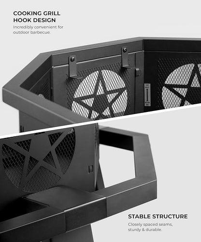 43 inch Fire Pit, Outdoor Fire Pits with Cooking Grill, Wood Burning Fire Pits for Outside, Octagonal Heavy Duty Large Firepit with Poker for Bonfire, Backyard, Camping, Patio, Picnic