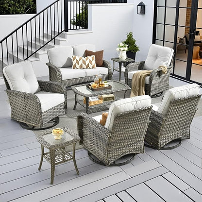 8-Piece Wicker Patio Furniture Set, All-Weather Rattan Conversation Bistro Loveseat Chair and Patio Rockers Set for Backyard, Balcony and Deck with Soft Cushions and Metal Table(Grey)
