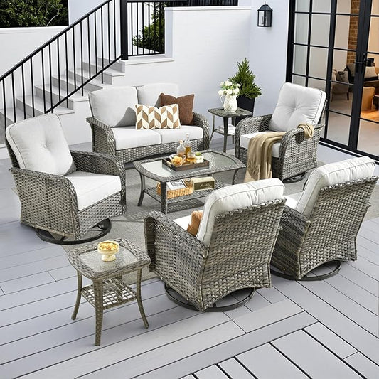 8-Piece Wicker Patio Furniture Set, All-Weather Rattan Conversation Bistro Loveseat Chair and Patio Rockers Set for Backyard, Balcony and Deck with Soft Cushions and Metal Table(Grey)