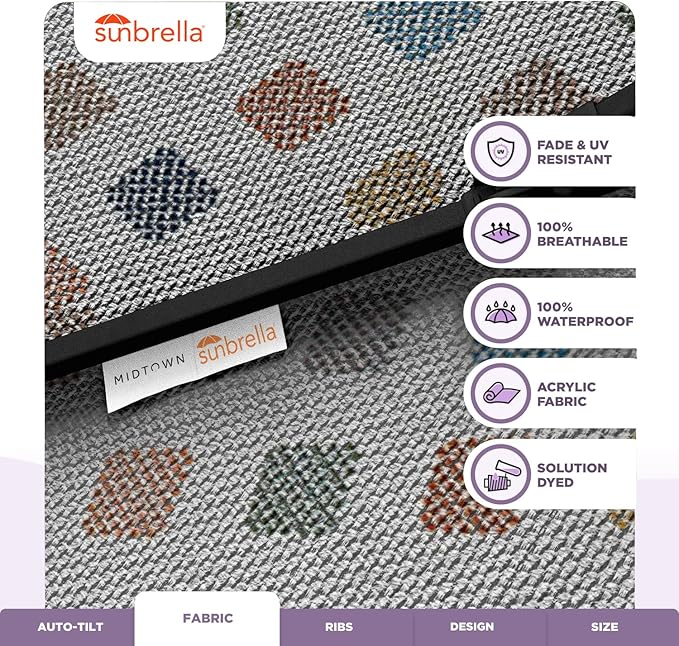 Midtown Umbrellas Sunbrella Umbrella 9 Feet Outdoor Umbrella With Infused Gem Acrylic Fabric - Auto-Tilt Aluminum Frame Patio Umbrella For Backyard, Deck, Garden, Pool - Black Pole