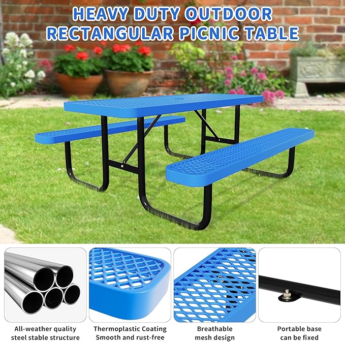 72'' Rectangular Steel Picnic Table for Outdoors,Commercial Metal Picnic Table Bench Set with Umbrella Hole,School Canteen Table W/Seats - Heavy Duty Sturdy Picnic Tables Furniture for Patio Garden