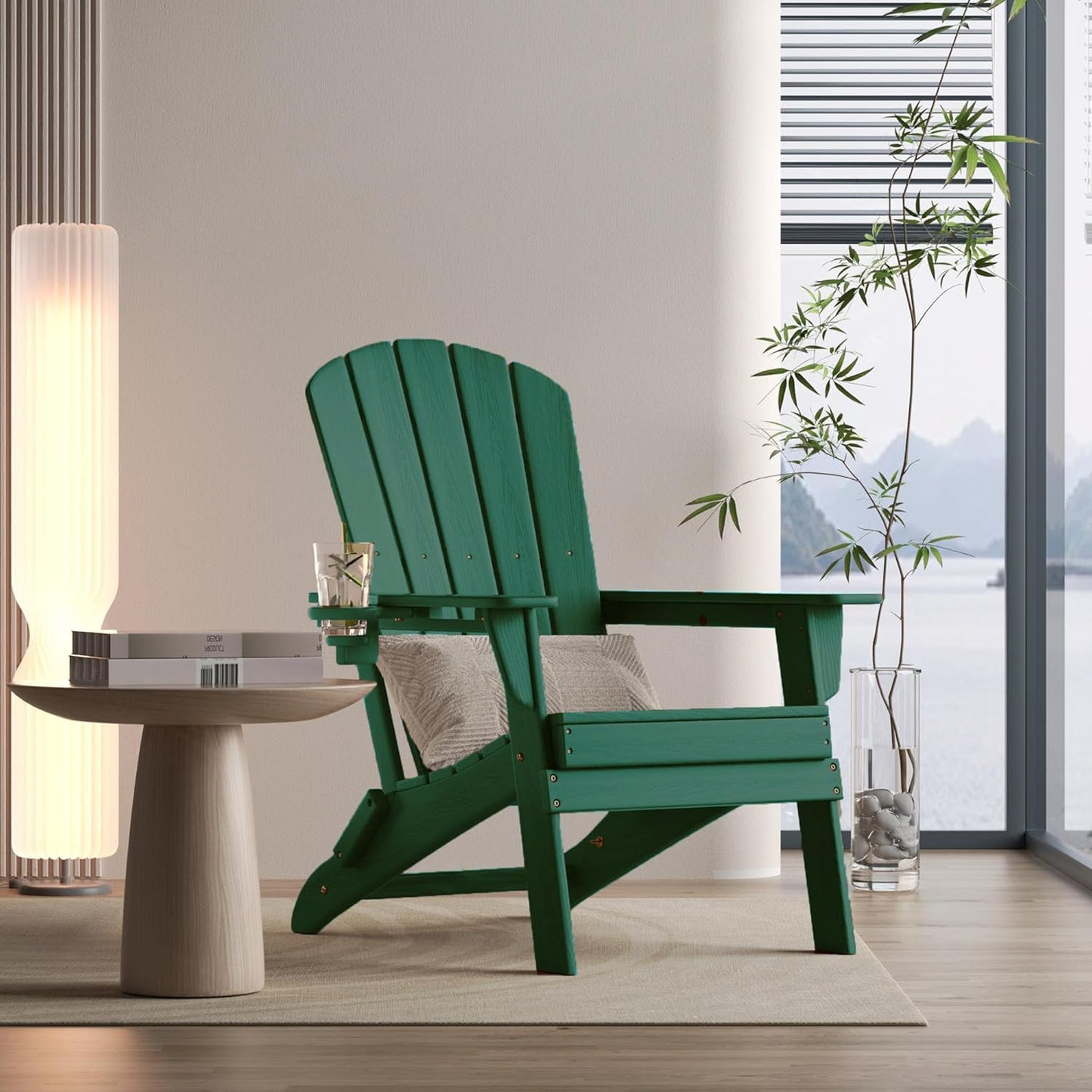 Folding Adirondack Chair - Extended Ergonomic Backrest, Cup Holder - Easy Assembly - Durable HDPE Plastic, Weather Resistant & Maintenance-Free - Lawn, Patio, Deck Supports 380lbs Green