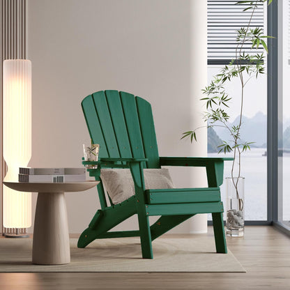 Folding Adirondack Chair - Extended Ergonomic Backrest, Cup Holder - Easy Assembly - Durable HDPE Plastic, Weather Resistant & Maintenance-Free - Lawn, Patio, Deck Supports 380lbs Green