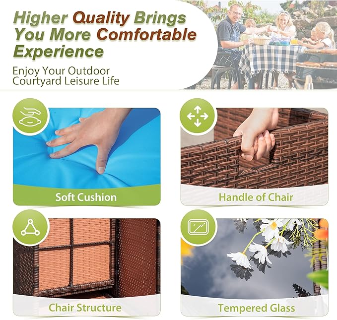 Devoko 9 Pieces Patio Dining Sets Outdoor Space Saving Rattan Chairs with Glass Table Patio Furniture Sets Cushioned Seating and Back Sectional Conversation Set (Blue)