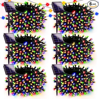 6 Pack Solar Christmas Lights Outdoor, 600 LED 198 FT Solar Powered String Lights Waterproof with Green Wire 8 Lighting Modes, Twikle Light for Xmas Tree Fence Party Yard Garden Decor, Multicolored