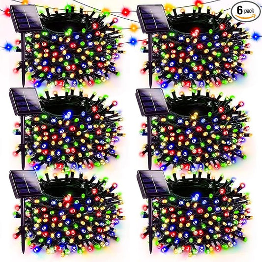 6 Pack Solar Christmas Lights Outdoor, 600 LED 198 FT Solar Powered String Lights Waterproof with Green Wire 8 Lighting Modes, Twikle Light for Xmas Tree Fence Party Yard Garden Decor, Multicolored
