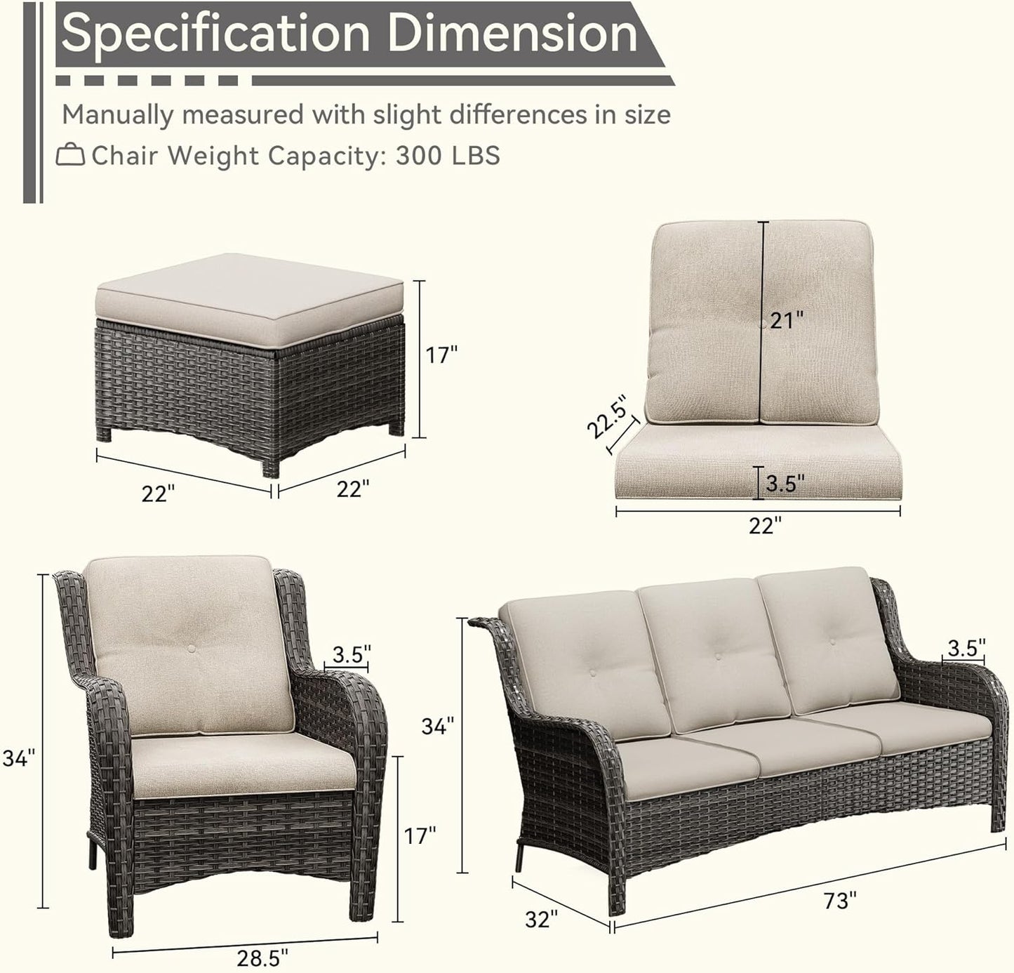 Patio Conversation Set 5-PCS Wicker Outdoor Furniture Conversation Set with 3-Seat Sofa, 2 Armchair, 2 Ottoman Patio Rattan Wicker Sectional Sofa Set with Olefin Cushion, Beige