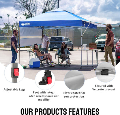 CROWN SHADES 10x10 Pop up Canopy Tent Patended Centerlock Instant Commercial Canopy with 150D Silver Coated Fabric Including 2 Extend Awnings, 4 Ropes, 8 Stakes, 4 Weight Bags, STO 'N Go Bag, Blue