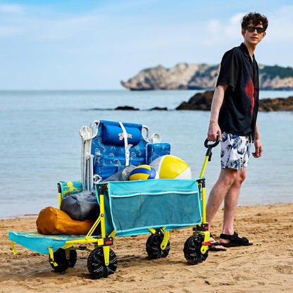 49" L Extra Long Beach Wagon with Tailgate,Big Wheels with Brake for Sand, Collapsible Utility Beach Cart Heavy Duty Folding Wagon,Ideal for Outdoor Sand Camping Garden Pet