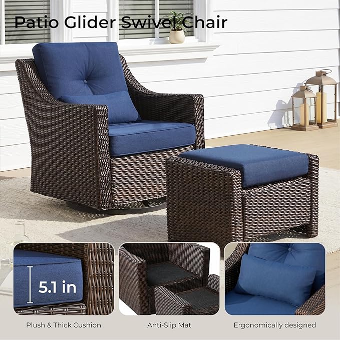 CHITA Patio Wicker Chair, 360° Rocking Swivel Outdoor Rattan Chair with Thickened Cushions for Backyard, Poolside, Garden or Porch