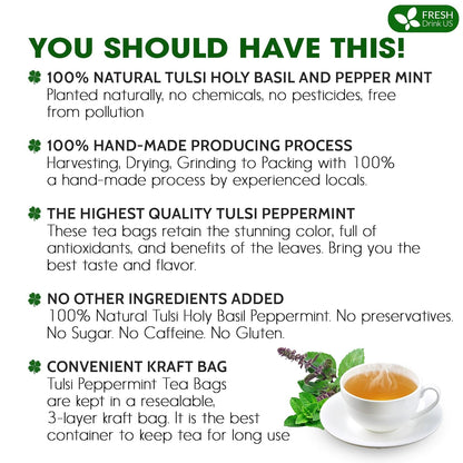 FreshDrinkUS, Premium Tulsi Peppermint Herbal – 30 Tea Bags, 100% Natural, Blend of Tulsi Holy Basil Leaves, and Peppermint Leaves. Made with Natural Material Tea Bags. No Sugar, Vegan.