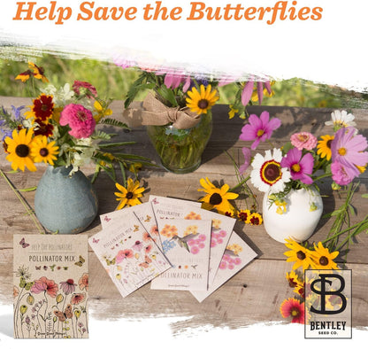 Bentley Pollinator Mix - Pre-Filled, Non-GMO, Non-Coated Butterfly Packets - 25 Annual Wildflower Seeds - Perfect Eco-Friendly Gift