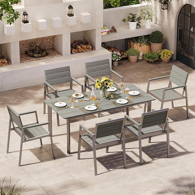 Outdoor Dining Set for 6, Patio Table and Chairs Set with Umbrella Hole, 7 Pieces HDPS Outdoor Furniture Sets for Patio, Garden, Backyard (Silver & Gray)