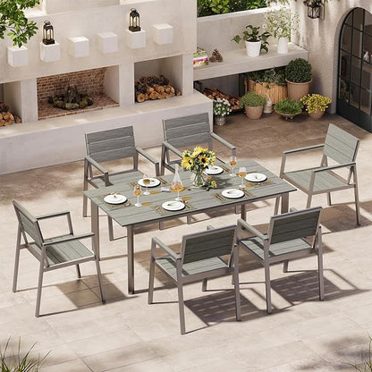 Outdoor Dining Set for 6, Patio Table and Chairs Set with Umbrella Hole, 7 Pieces HDPS Outdoor Furniture Sets for Patio, Garden, Backyard (Silver & Gray)