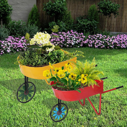 BAYN Metal Wheelbarrow Flower Cart Planter, 2 Packs Plant Stands with Triangular Support Handles Non-Rolling Wheel Vintage Wagon Planter Pots for Home Patio Garden Backyard Rustic Outdoor Decor