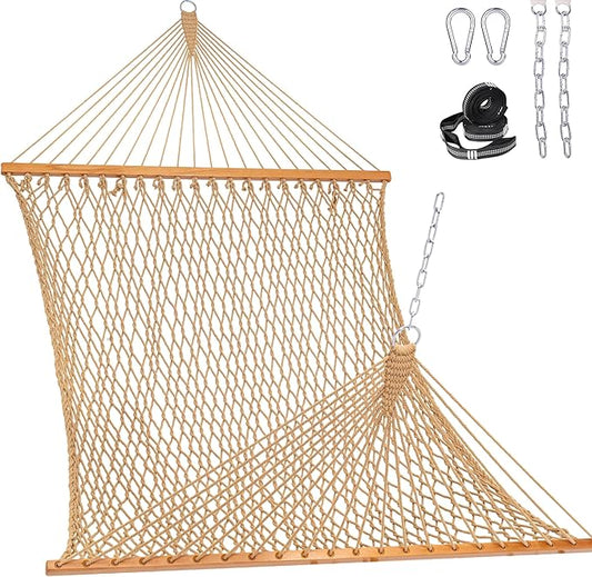 Lazy Daze Hammocks Double Rope Hammock, 2 Person Traditional Outdoor Hand Woven Cotton Rope Hammock with Spreader Bar, Chains, Tree Straps for Patio Yard - Max 450 Lbs, Tan