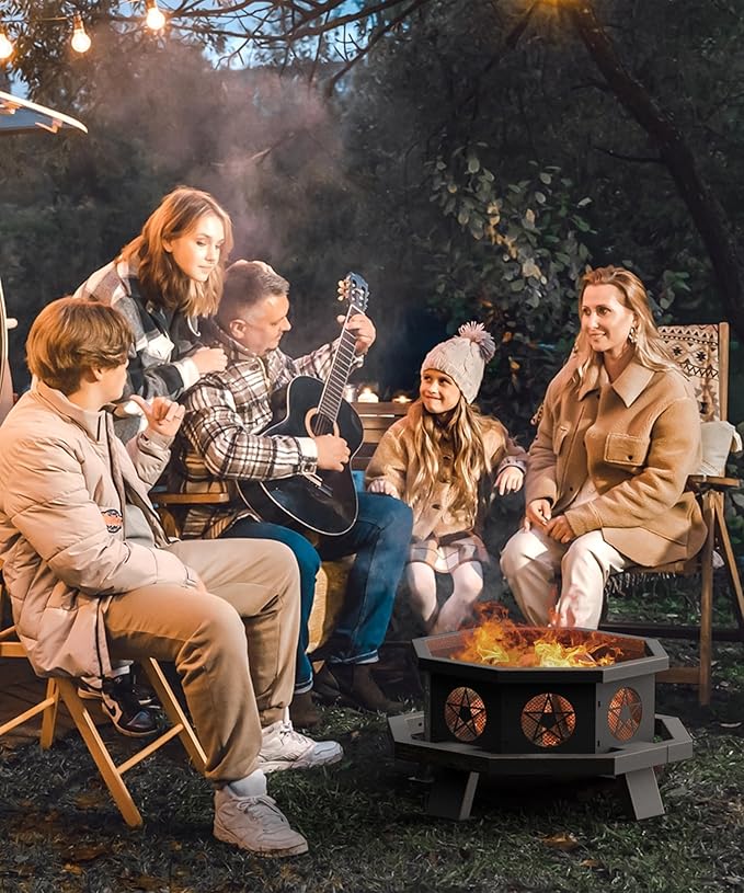 26 inch Fire Pit, Firepits for Outside Wood Burning Fire Pits with Cooking Grill, Outdoor Fire Pit Octagonal Heavy Duty Firepit with Poker for Bonfire, Backyard, Patio, Bronze