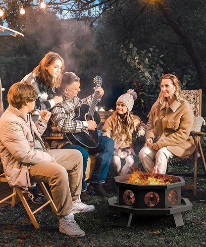 26 inch Fire Pit, Firepits for Outside Wood Burning Fire Pits with Cooking Grill, Outdoor Fire Pit Octagonal Heavy Duty Firepit with Poker for Bonfire, Backyard, Patio, Bronze