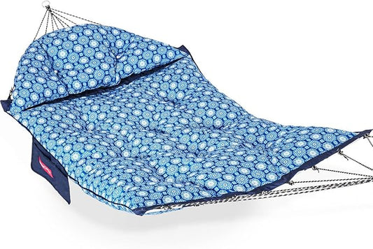 Lazy Daze Hammocks Deluxe 12 FT Tufted Hammock with Soft Detachable Pillow & Side Pocket, Outside Double Curved Aluminium Spreader Hammock, 450 Lbs Capacity for Patio, Blue Floral
