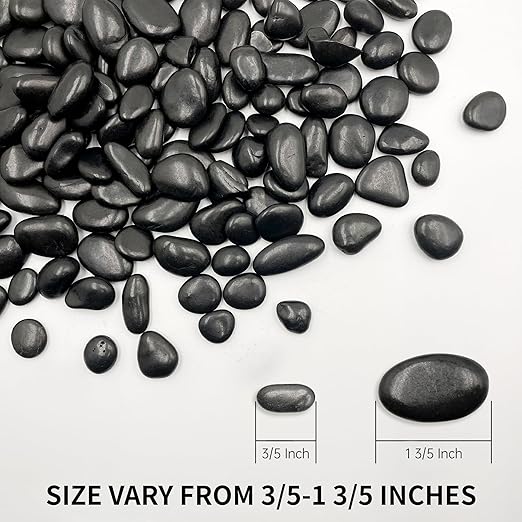2.5lb Black Pebble Rocks 3/5-8/5 Inch Polished River Stones for Indoor Plants, Garden Landscaping, Vase Fillers & Aquarium Decor - Natural Decorative Rocks for Succulents, Bonsai, Terrariums
