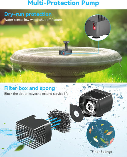 POPOSOAP Modern Black Solar Bird Bath Fountain Pump, 6W, 60GPH, 5 Nozzles, 9.84ft Cable, 4ft Tubing